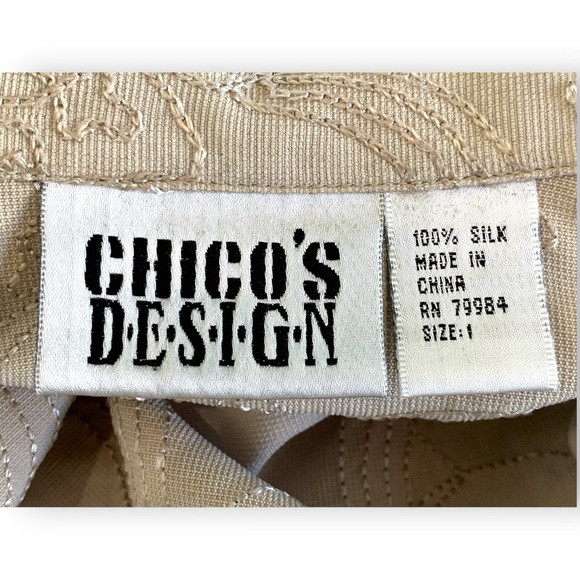CHICO’S TAN SILK EMBROIDERED BLOUSE. CHICO’ WOMEN’S SIZE 1 - Picture 6 of 8